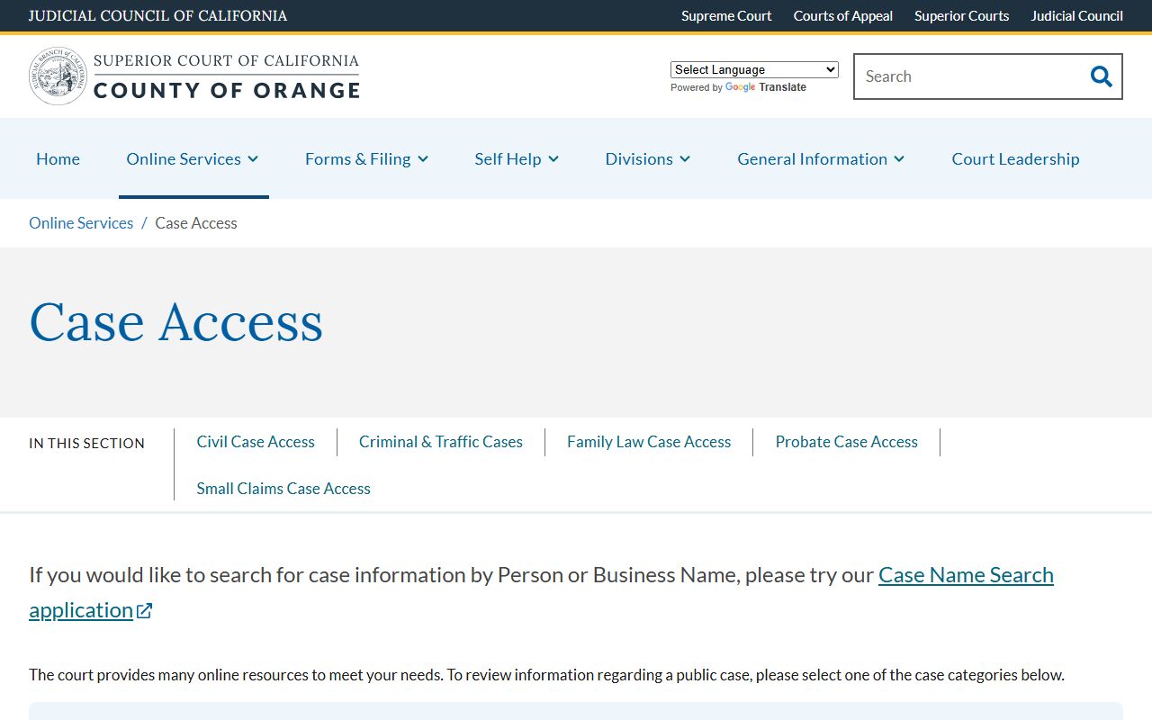 Orange County Court records case access landing page