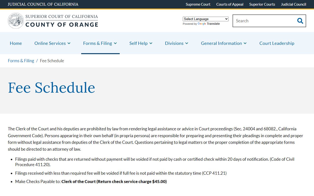 Orange County Superior Court fee schedule page for court records