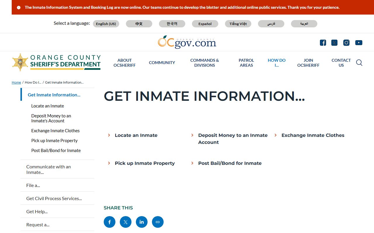 Orange County Sheriff inmate information page for Orange County court records