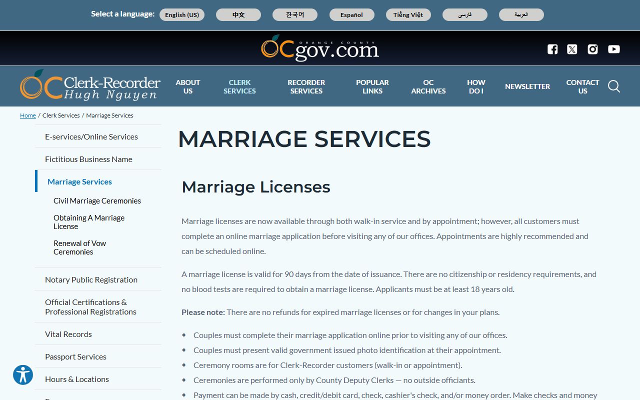 Orange County Clerk-Recorder marriage services for marriage records