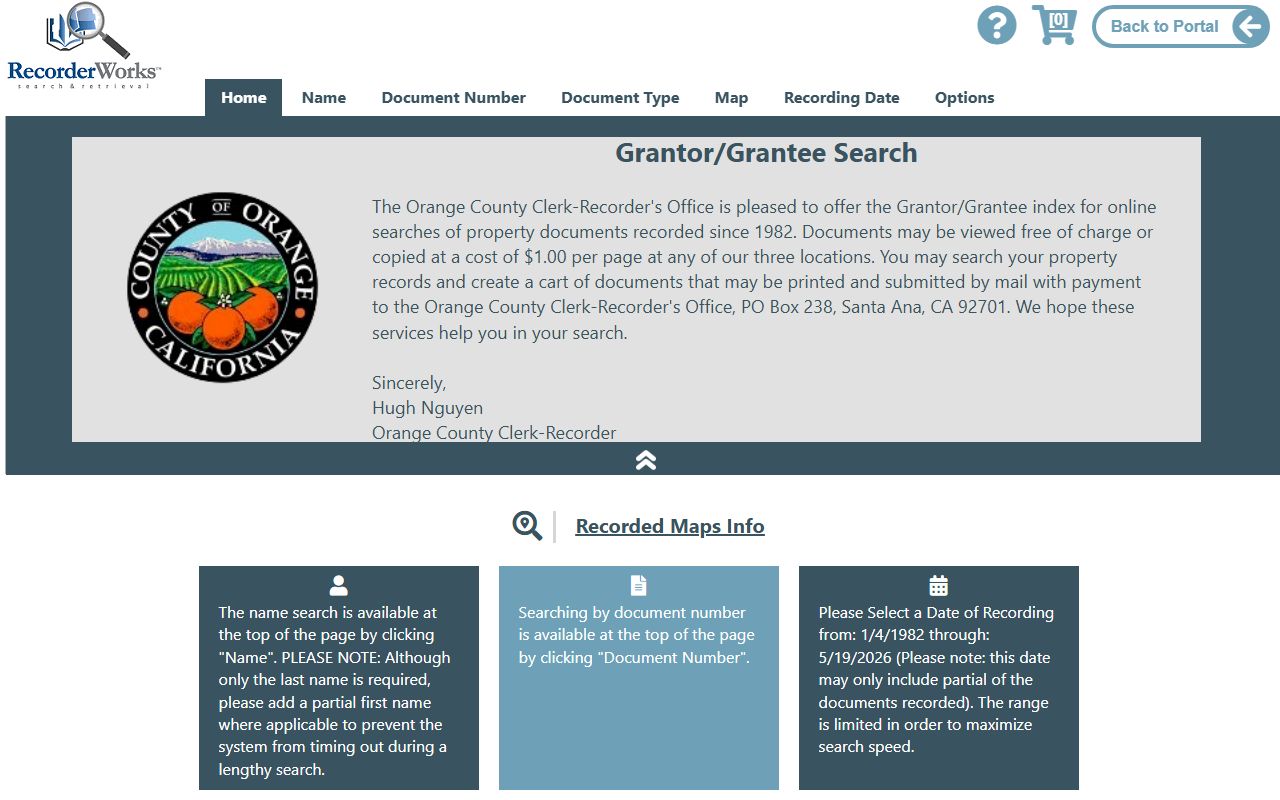 Orange County RecorderWorks index for clerk-recorder records