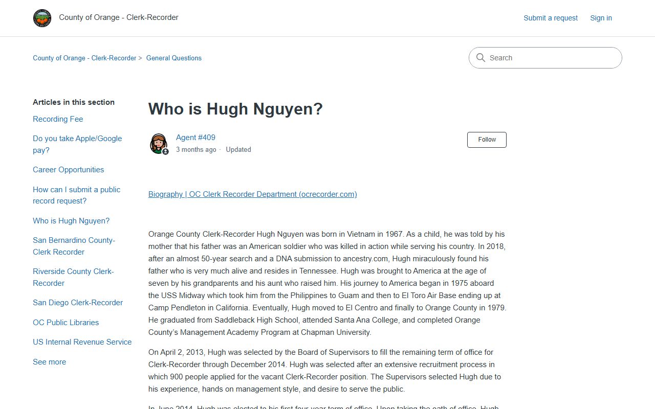 Orange County Clerk-Recorder Hugh Nguyen biography for clerk records