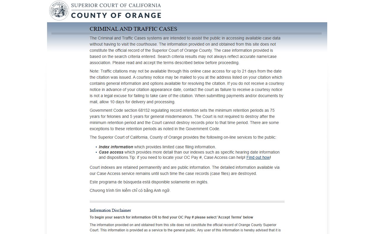 Orange County criminal and traffic court records portal terms