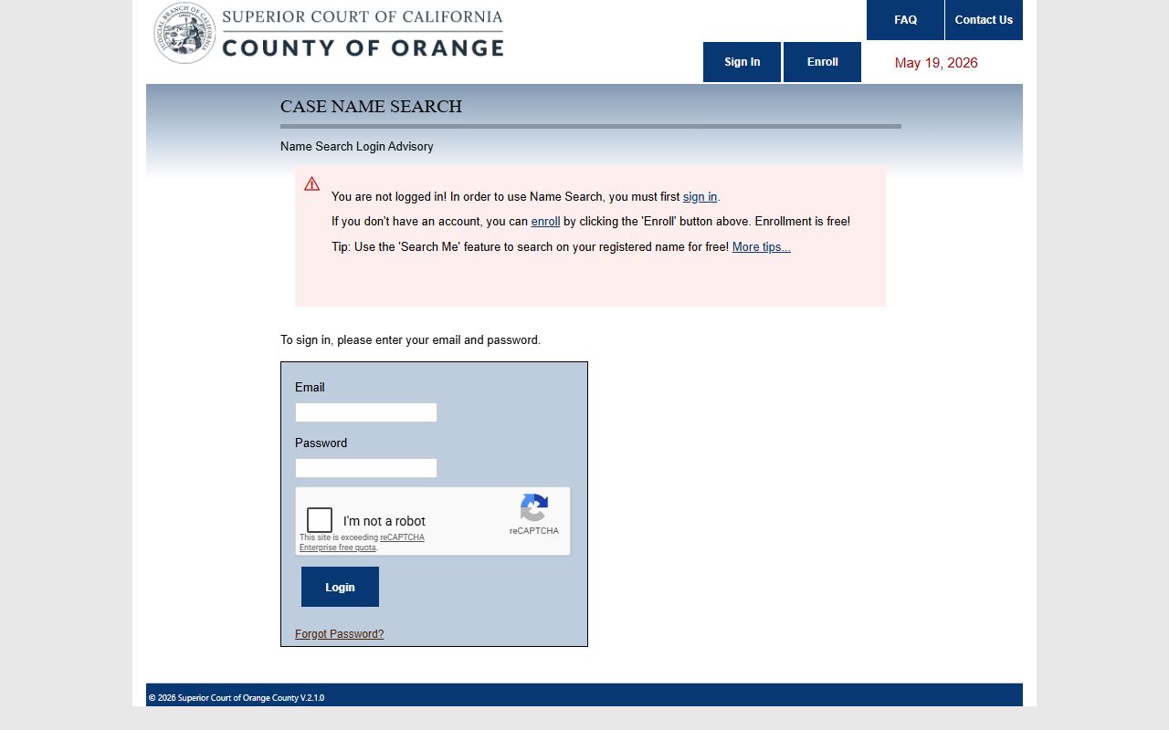 Orange County court records case name search application