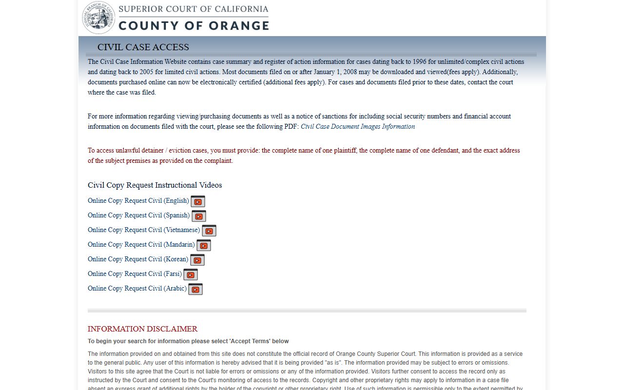 Orange County civil case and document court records access