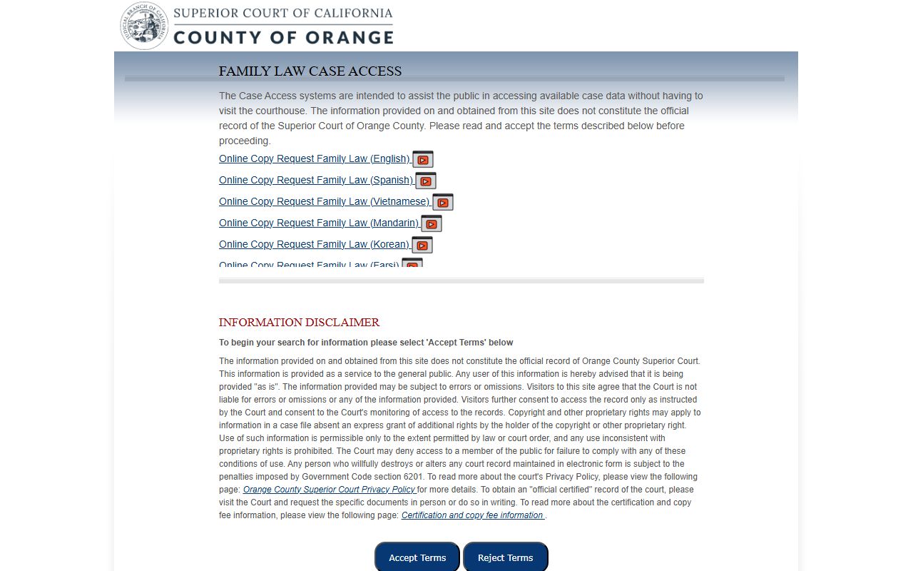 Orange County family law court records case access