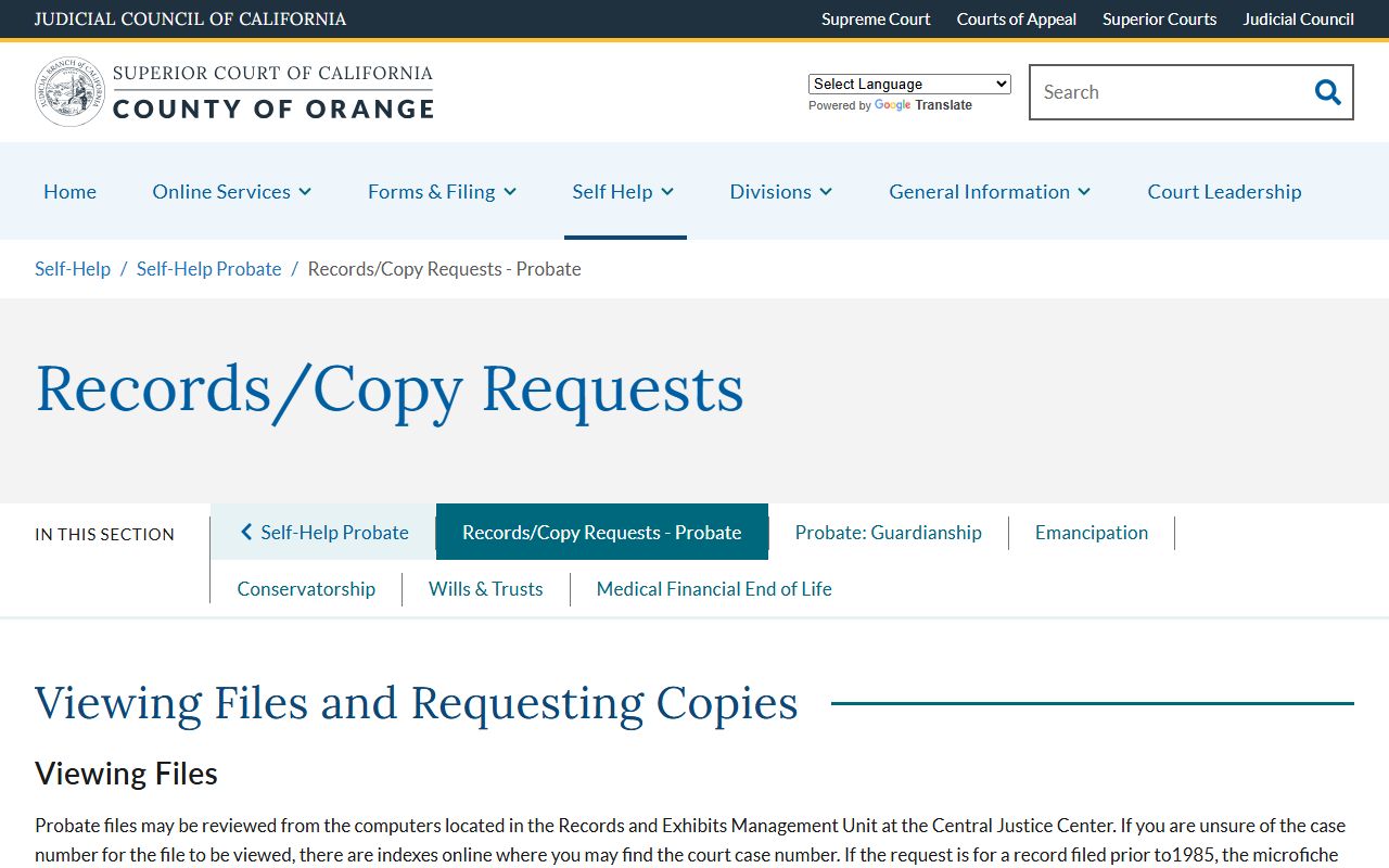 Orange County probate records and copy requests page