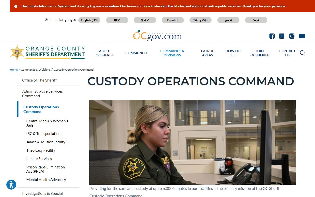 Orange County Sheriff custody operations command for jail and inmate records