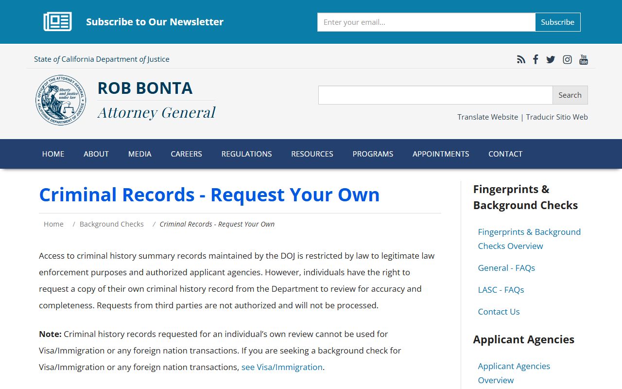 California DOJ criminal record review page for Orange County criminal records